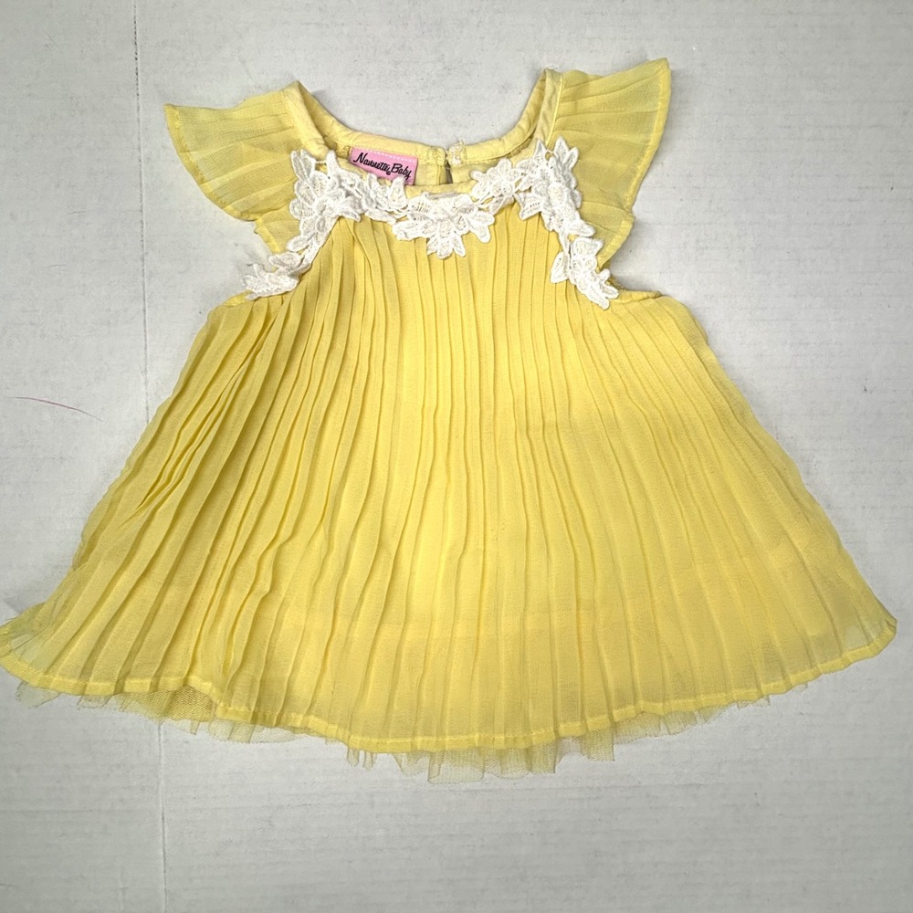 VTG Nanette Baby Girls 6-9M Yellow Pleated Dress Lace Trim Flutter Tulle Chic EC